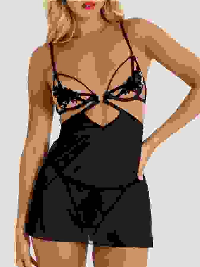 Lovehoney Divine Romance Black Chemise & Pearl G-string Set, Black, hi-res